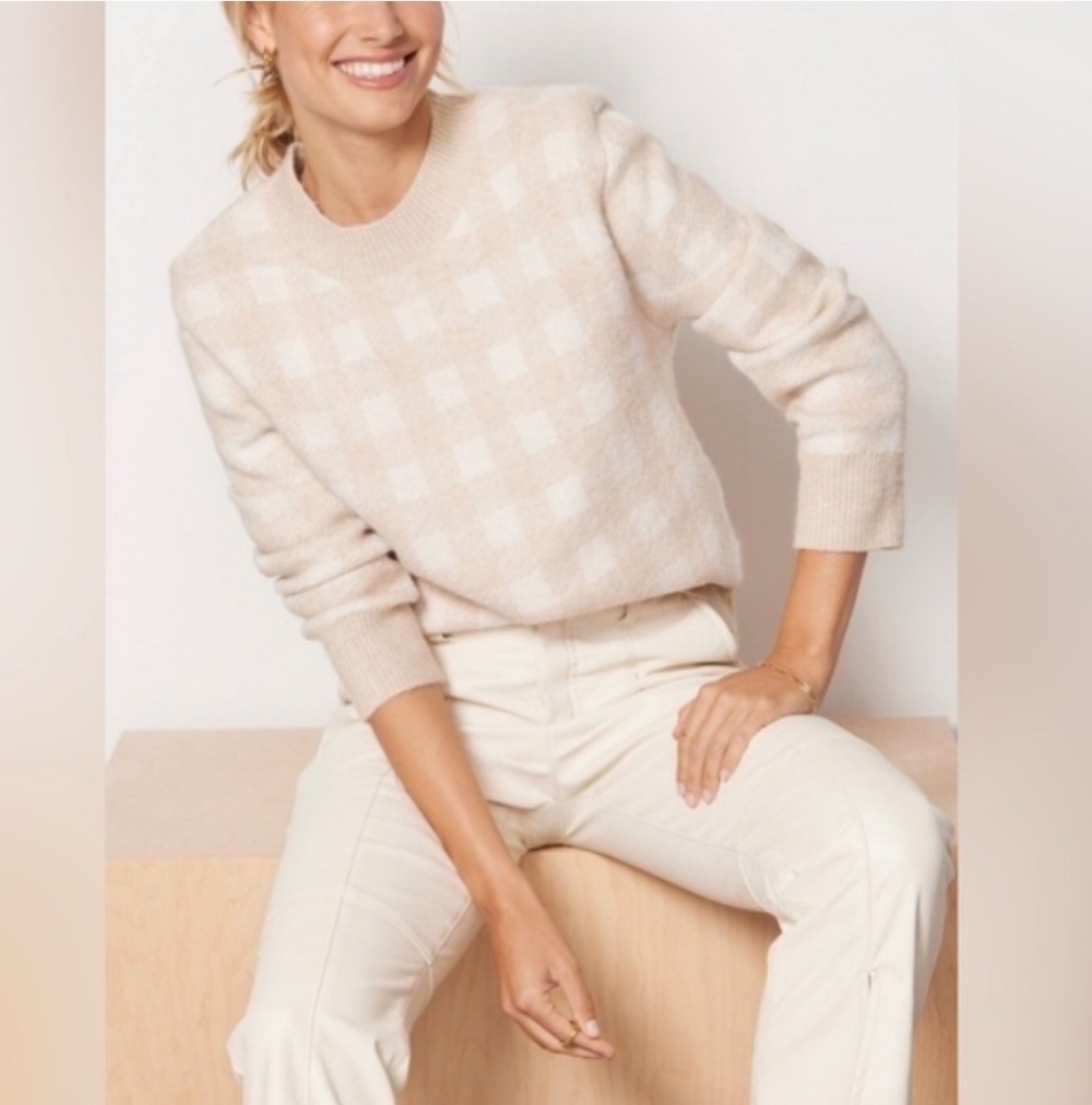 Evereve Womens Pullover Crew Neck Beige Collette Checkered Sweater, Small - Picture 2 of 8